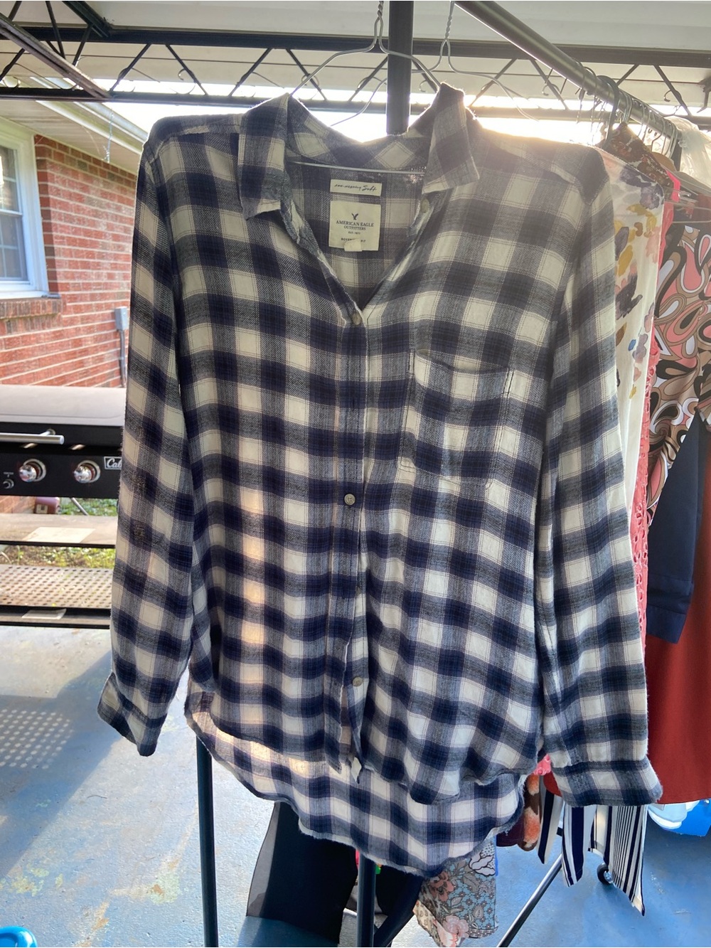 American Eagle Outfitters Navy and White Plaid Boyfriend Shirt